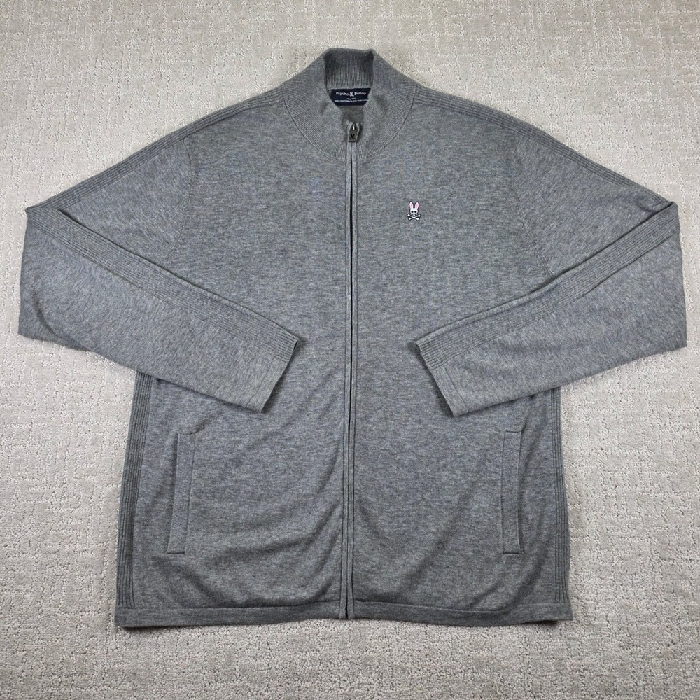 Psycho Bunny Mens XXL Gray Full Zip Mock Neck Wool Blend Cardigan Sweater Logo